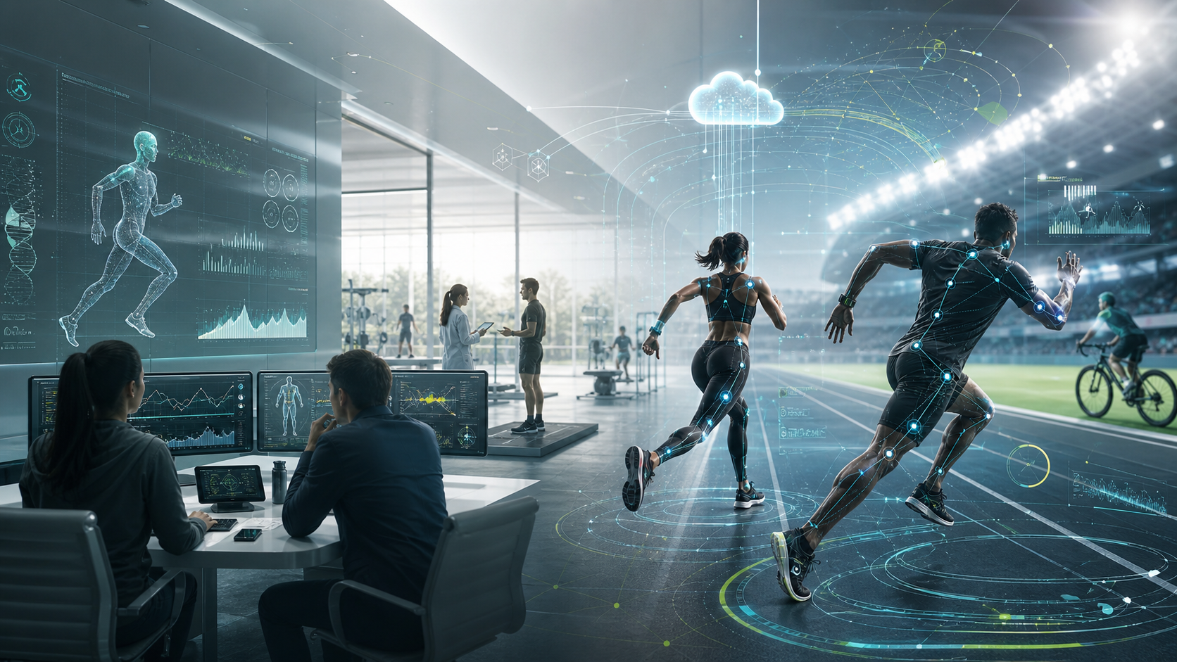 Athletes in motion surrounded by AI sports analytics and sensor data visualizations